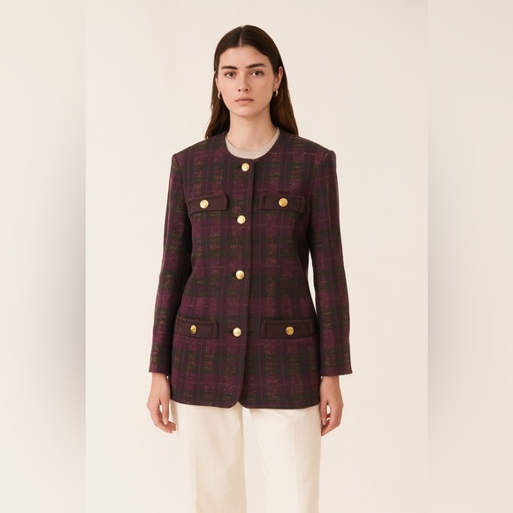 Giovannozzi Purple Plaid Gold Buttons Wool Blazer Made in Italy Size 12 - Picture 1 of 14